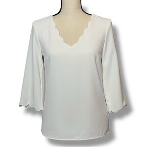 H&M White V Neck Workwear Career Blouse 3/4 Sleeve Business Casual Top,  XS